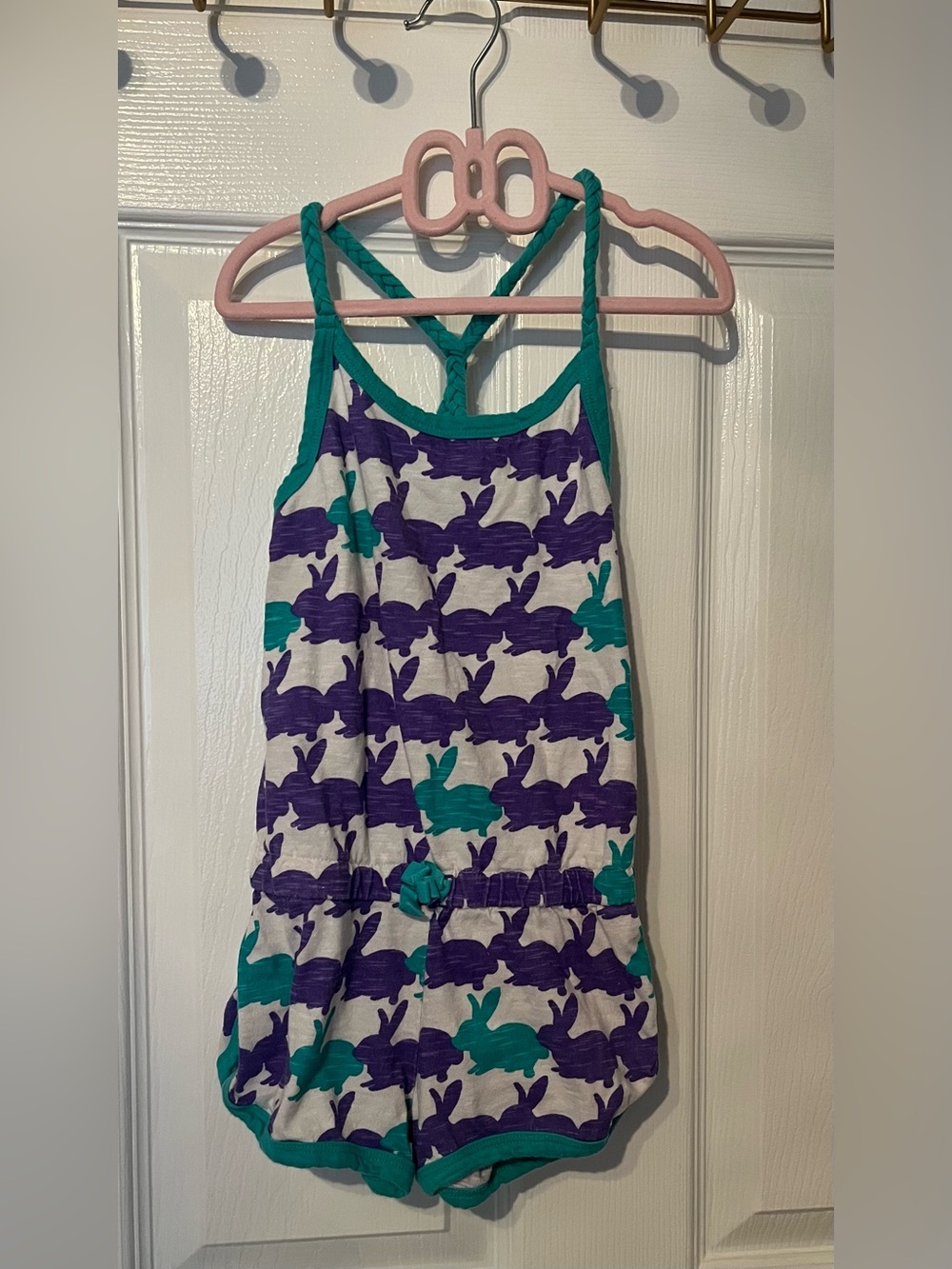 Hatley Girls Bunny Print Romper – Size 4 Teal and Purple